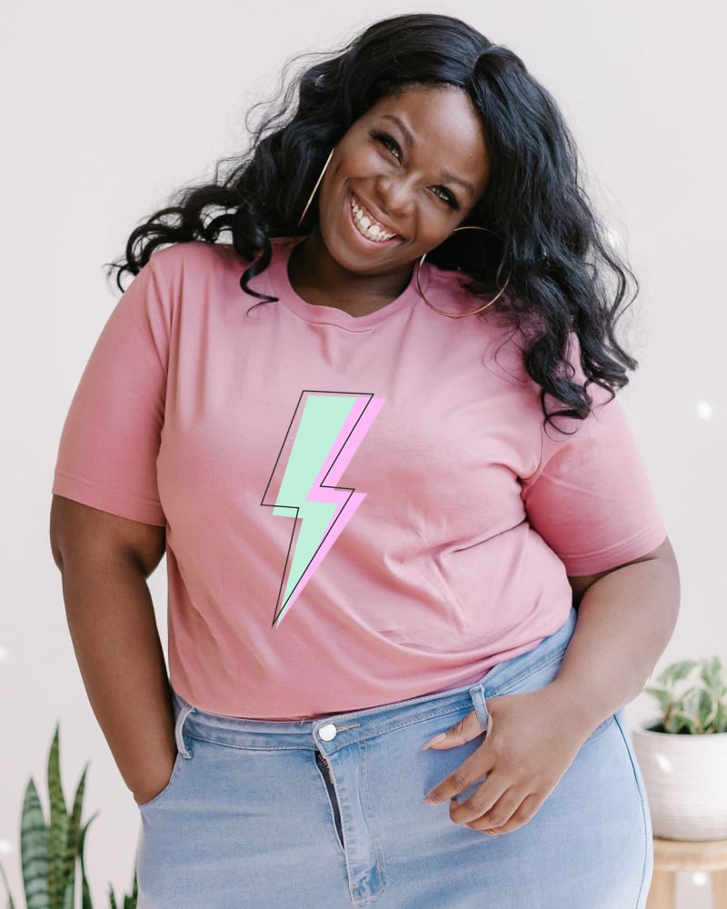 Front of a model wearing a size XL Layered Lightning Bolt in Mauve by Simply Sage Market. | dia_product_style_image_id:281512
